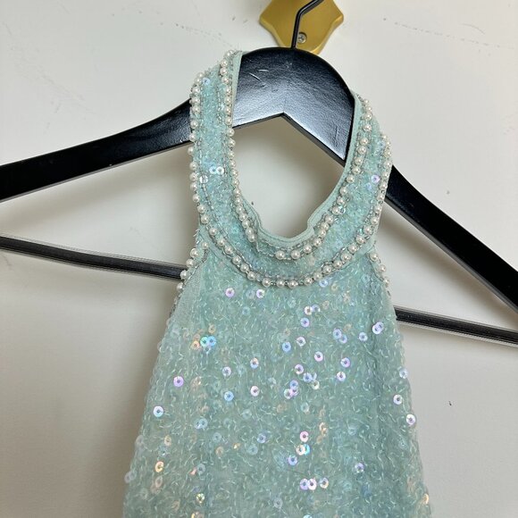 ASOS DESIGN Halter Mini Dress With Embellished Butterfly Artwork in Blue US 6 - Picture 5 of 11